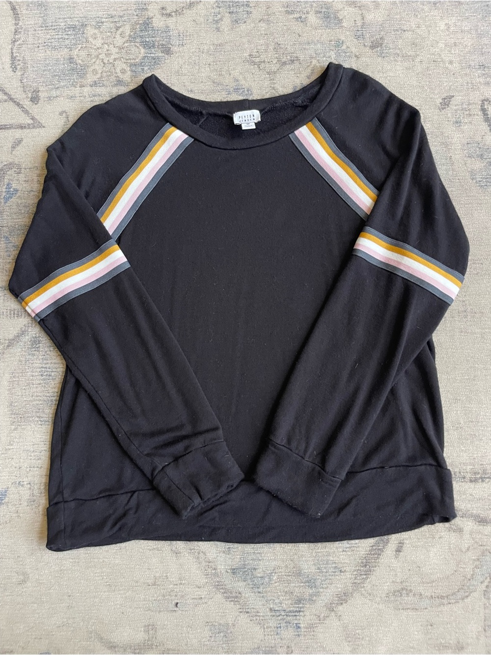 Peyton Jensen Bryn Taped Raglan Pullover Black Varsity Stripe M